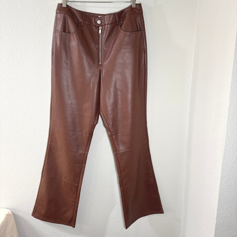 Anthropologie Avec Les Filles Cedar Brown Faux Leather Kick-Flare Pants 14 NEW